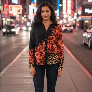 Cache Black and Orange Floral Blouse